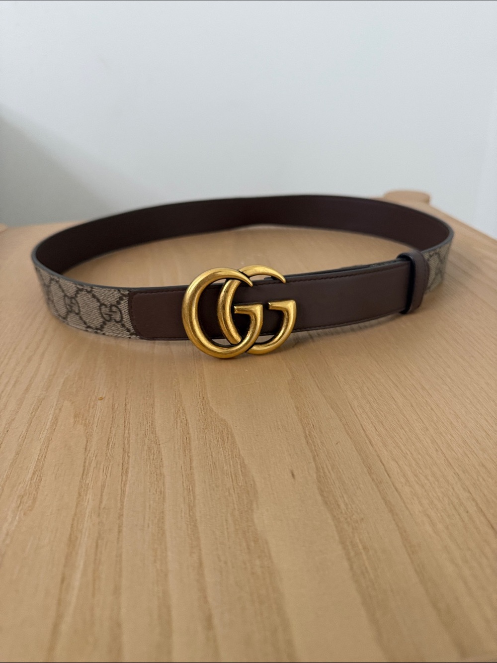 Gucci Brown GG Canvas & Leather Belt with Gold Double G Buckle